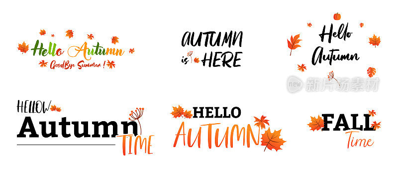Hello autumn矢量问候设计与秋季字体和多彩的秋季枫叶